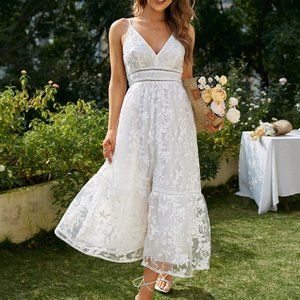 White Embroidery Mesh Slip Dress
